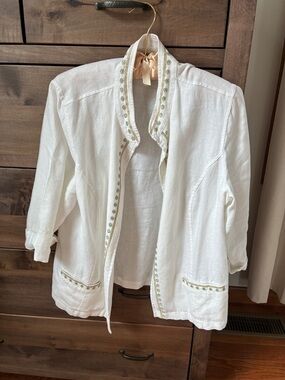 Chico's White Linen Jacket with Green Embroidered Trim